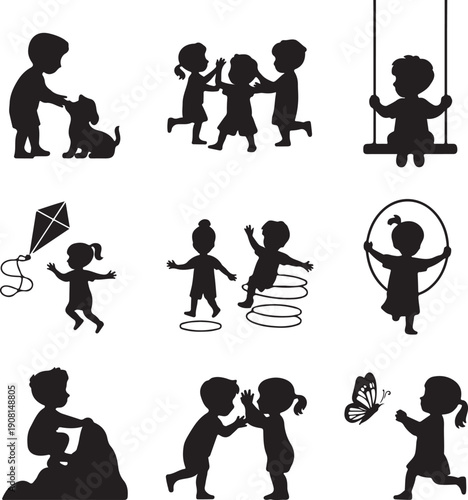 Silhouette illustrations of children playing and having fun outdoors