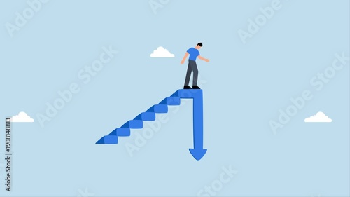 Stock market decline in crisis, 4k animation of frustrated businessman investor climbs the stairs