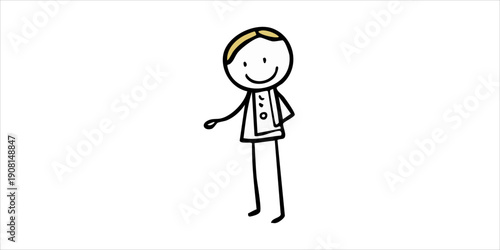 Friendly Stick Figure Man with Yellow Hair Standing and Gesturing, Isolated White Background