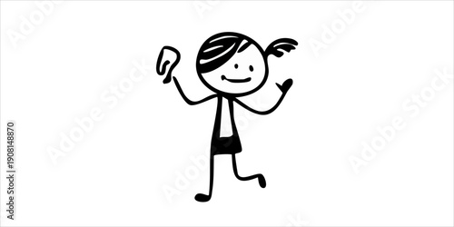 Happy Stick Figure Girl with Pigtails Jumping Playfully, Isolated White Background