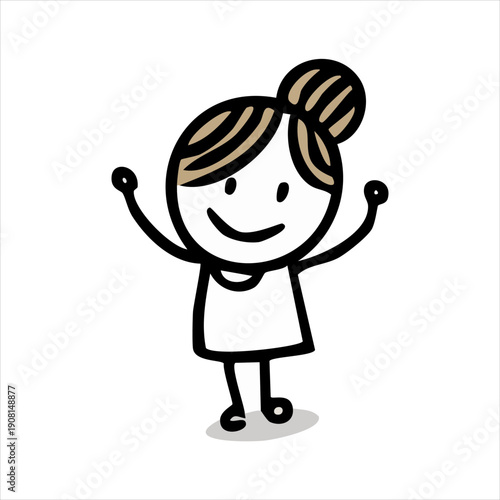 Happy Stick Figure Woman with Bun Hairstyle Raising Hands in Joy, Isolated White Background