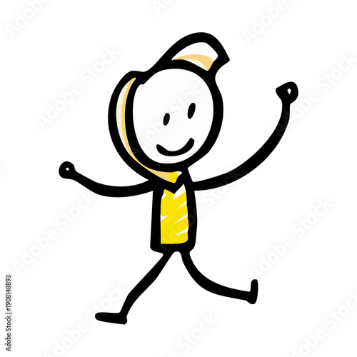 Cheerful Stick Figure Man in Yellow Shirt and Hat Jumping Happily, Isolated White Background