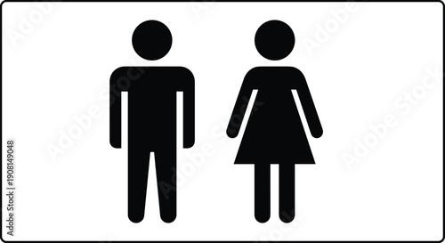 Black and white restroom sign with male and female human figure icons inside rectangular frame, minimalist gender symbol vector illustration for public signage and wayfinding design