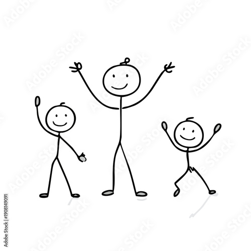 Happy stick figure family, one adult and two children, raising hands in joy, isolated white background.