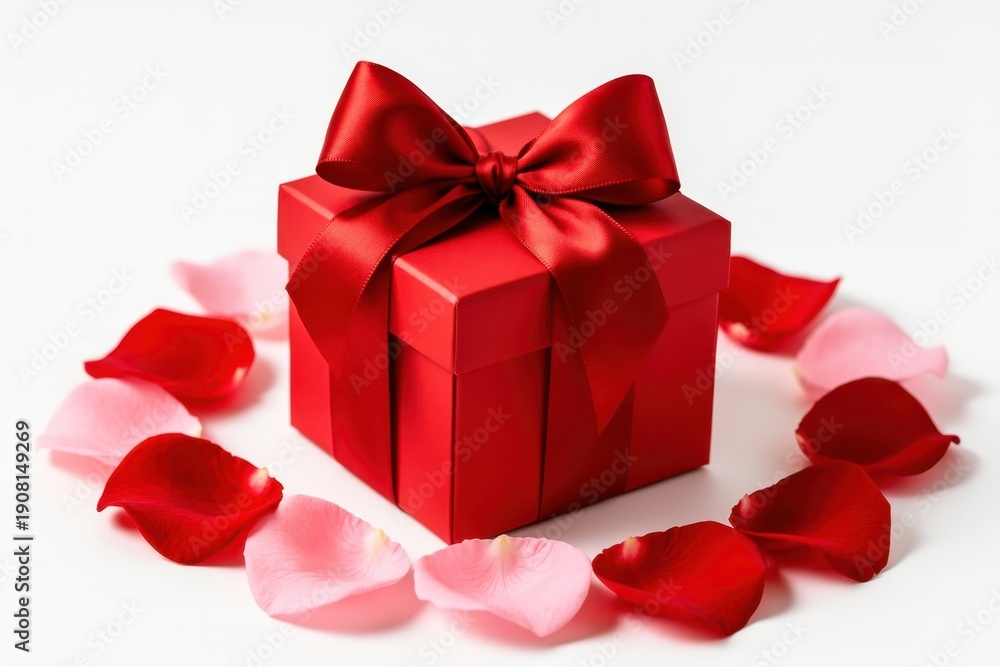 Obraz premium Red gift box with a satin bow surrounded by a circle of rose petals on white.