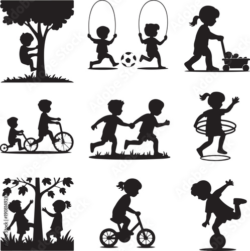 Silhouette illustrations of children playing outdoors and having fun  kids in various recreational activities