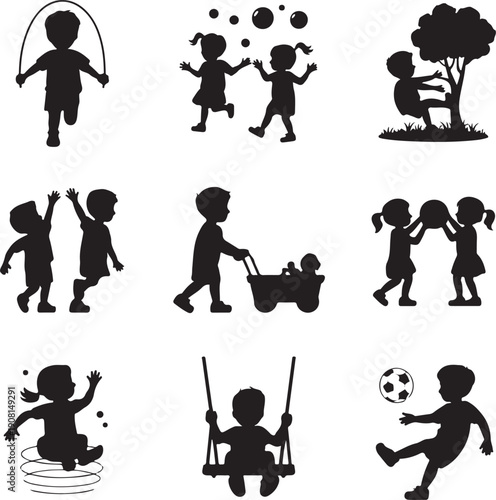 Silhouette illustrations of children playing outdoors and having fun