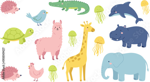 Cute cartoon animal illustration set with wild, farm, and sea animals, colorful friendly characters isolated on white background, children nursery education vector design