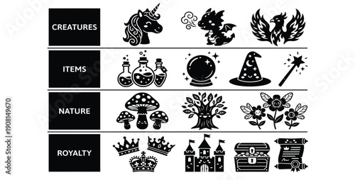 Black and white vector silhouette icon set of fantasy creatures, witch hat, potion bottle, magic wand, crown and castle for game UI or Halloween sticker pack