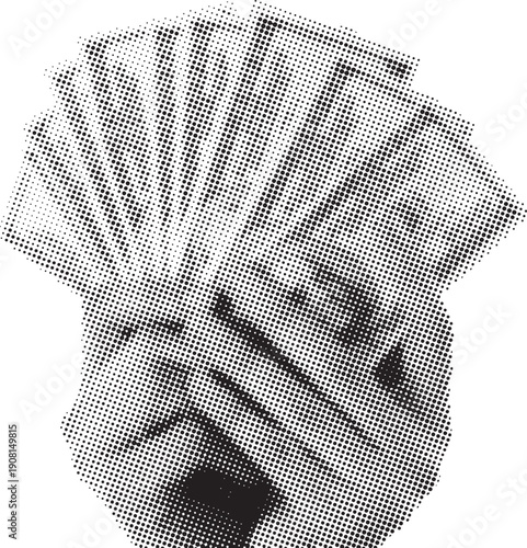 Hands holding a fan of one hundred dollar bills in halftone style. Vector halftone background. Dotted black and white overlay bg in punk style for collages.