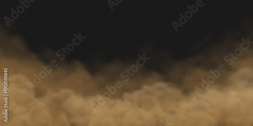 Dust sand storm with particles, realistic brown dirt effect for desert scenes and soil splash overlay on dark background