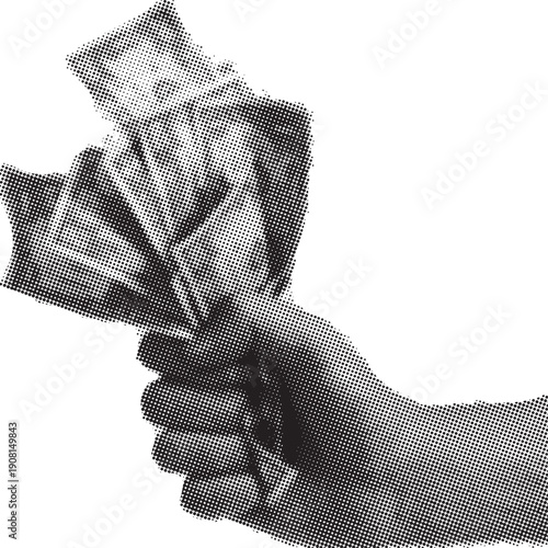 Hand firmly grasping a fan of united states dollar bills tightly closed. Vector halftone background. Dotted black and white overlay bg in punk style for collages.