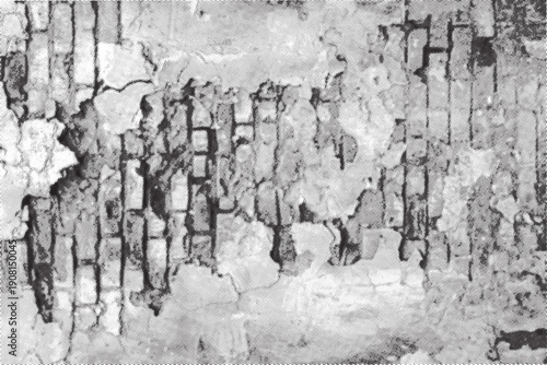 Textured background showing distressed brick wall with peeling plaster and damage. Vector halftone background. Dotted black and white overlay bg in punk style for collages.