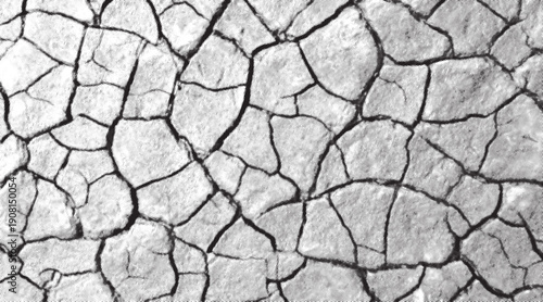 Extreme close up of deeply cracked dry earth texture in monochrome tones. Vector halftone background. Dotted black and white overlay bg in punk style for collages.