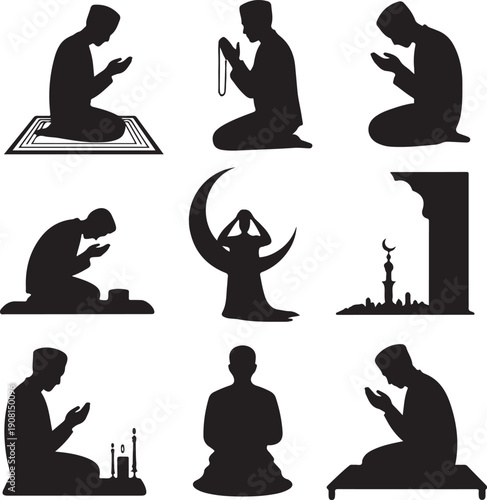 Silhouette of Muslim people in various prayer positions and mosque scenery
