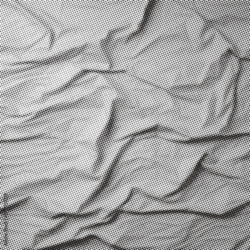 Monochromatic abstract texture of deeply wrinkled or crumpled light gray fabric.Crumpled paper texture. Vector halftone background. Dotted black and white overlay bg in punk style for collages.