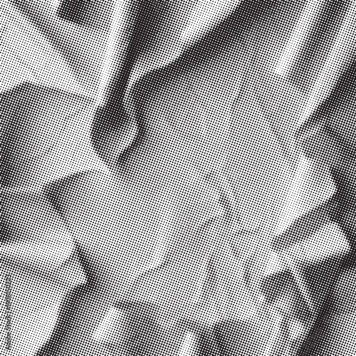Close up texture of crumpled paper surface in monochrome halftone style.Crumpled paper texture. Vector halftone background. Dotted black and white overlay bg in punk style for collages.