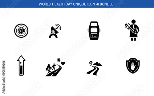 World health day icon set for global health awareness and medical symbols