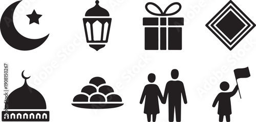 Eight Ramadan celebration icons featuring a crescent moon, gift box, mosque dome, and a happy family