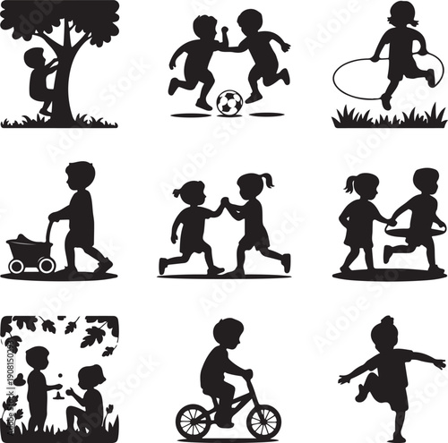 silhouette of children playing and having fun outdoors in various activities