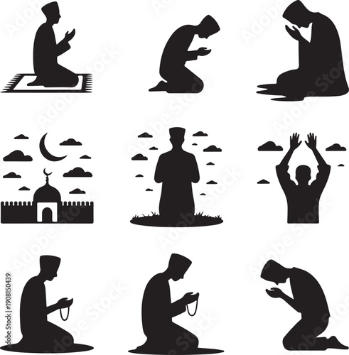Silhouette of muslim men in various prayer positions and mosque scenery