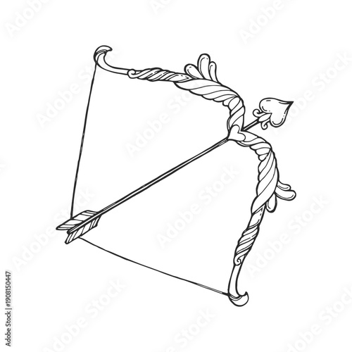 Ornate Cupid bow vector. Vintage archery tool with heart shaped arrow tip. Decorative romantic equipment in ink style.