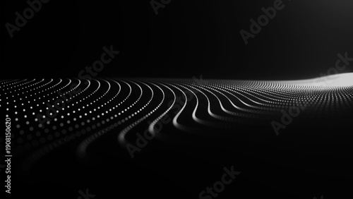 An abstract digital wave composed of numerous glowing dots on a black background. The lines create a sense of movement, energy, and depth, reminiscent of a digital particle flow. Vector.