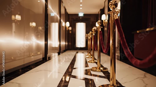 Wallpaper Mural Empty exclusive hallway with golden stanchions and red velvet ropes creating a pathway on a marble floor. Elegant interior designed for a special event, film premiere, or vip access Torontodigital.ca