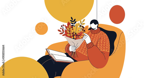 Woman Reading Book Holding Autumn Bouquet in Cozy Armchair