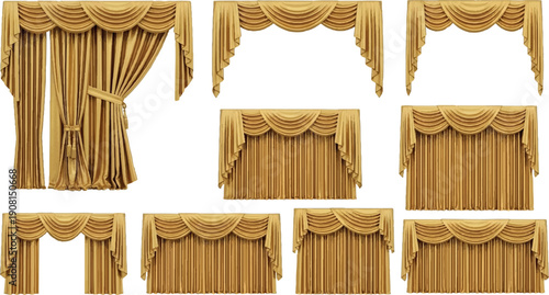 Collection of Elegant Golden Drapes and Curtains for Interior Decoration.
