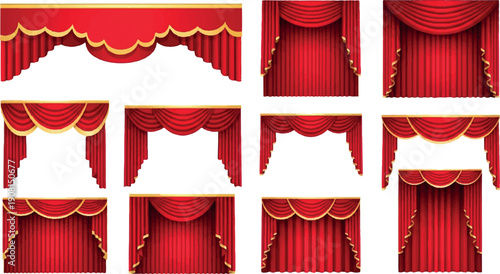 Collection of elegant red theater curtains with golden trim.