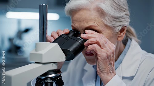 Wallpaper Mural Elderly female microbiologist placing a sample on a glass slide and looking through the eyepiece of a microscope in a modern scientific research facility, discovering and smiling Torontodigital.ca