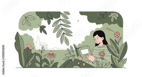 Woman Reading Book in Lush Garden Nature Illustration