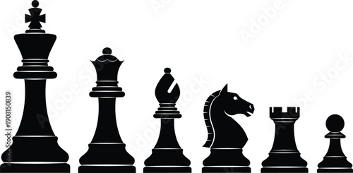 Black chess pieces collection featuring king, queen, bishop, knight, rook and pawn, detailed silhouette vector illustration isolated on white background for strategy game concept