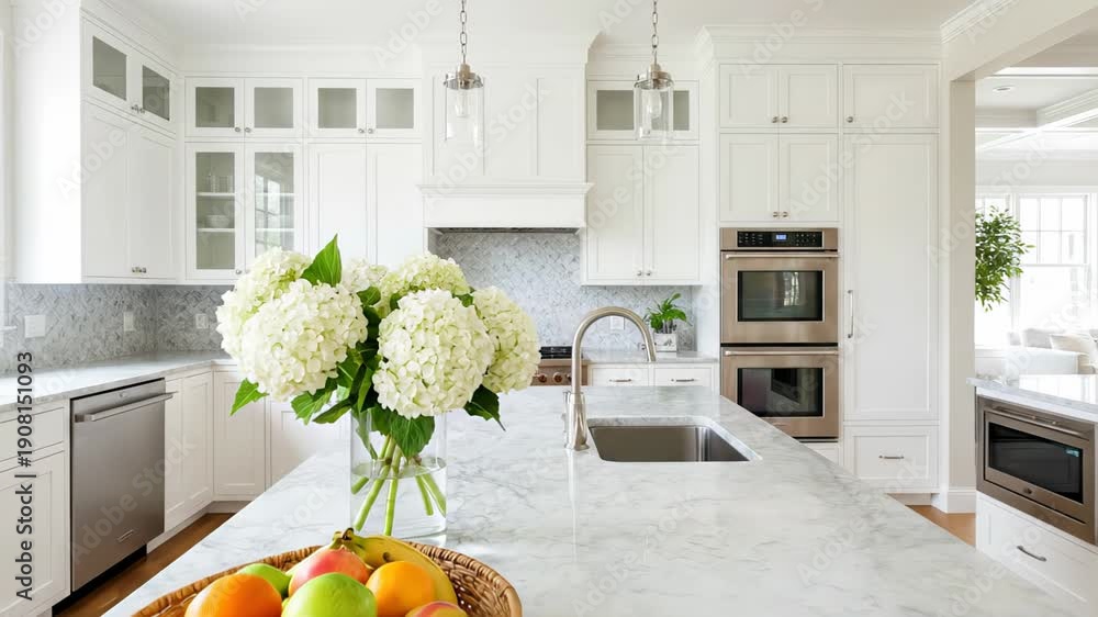 custom made wallpaper toronto digitalBright and spacious luxury kitchen with white cabinets, a large marble island, stainless steel appliances, and a beautiful vase of white hydrangeas, showcasing elegant home interior design