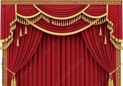 Luxurious Red Stage Curtains with Golden Tassels and Fringes.