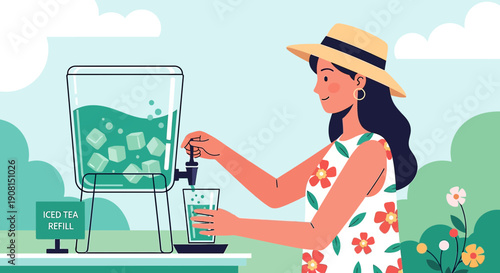 Woman Refilling Iced Tea from Dispenser at Summer Garden Party