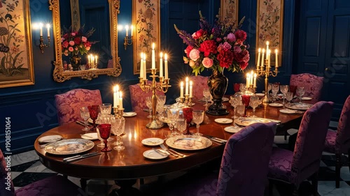 Wallpaper Mural Lavish dining room with a formally set table featuring crystal glasses, fine china, and silver cutlery, illuminated by the warm glow of flickering candles in ornate candelabras Torontodigital.ca
