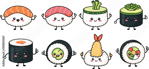 Cartoon sushi characters with various toppings and fillings rice seafood
