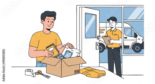 Young Man Packing Box with Courier Awaiting for Delivery