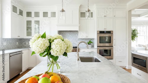 Wallpaper Mural Bright and spacious luxury kitchen with white cabinets, a large marble island, stainless steel appliances, and a beautiful vase of white hydrangeas, showcasing elegant home interior design Torontodigital.ca