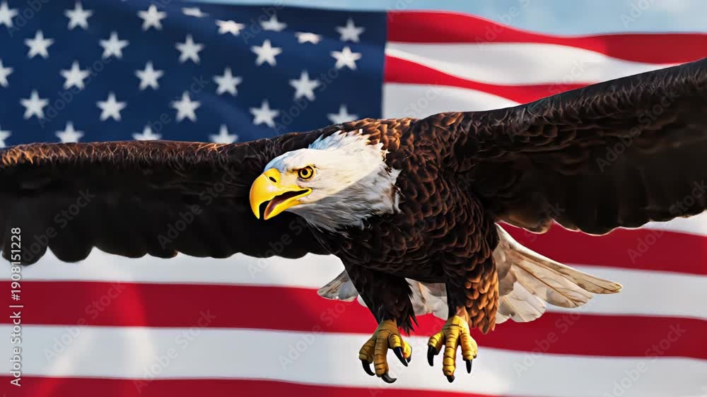 custom made wallpaper toronto digitalMajestic american bald eagle soaring with its wings spread wide against a waving united states flag, symbolizing freedom, patriotism, and national pride for the usa on the 4th of july