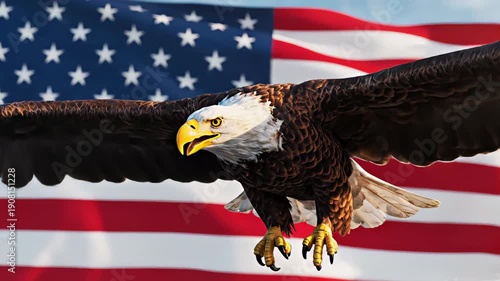 Wallpaper Mural Majestic american bald eagle soaring with its wings spread wide against a waving united states flag, symbolizing freedom, patriotism, and national pride for the usa on the 4th of july Torontodigital.ca