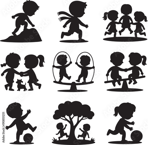 Silhouettes of children playing outdoors and having fun together
