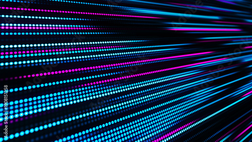 A rapid movement of glowing digital lines composed of blue and pink neon dots. A sense of speed and directional flow sweeps through virtual space. Vector