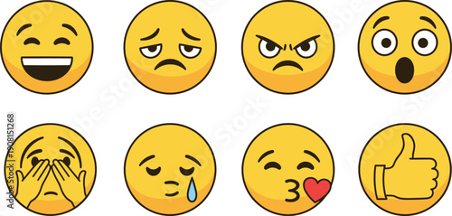 Yellow emojis with various expressions on white background yellow faces smiling face