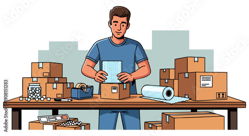 Young Man Standing Between Shipping Boxes with Bubble Wrap