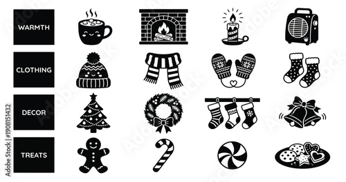 Black and white vector Christmas icon set with gingerbread man, Santa hat, wreath, candy cane, stocking, mug and gift box for holiday UI or sticker pack