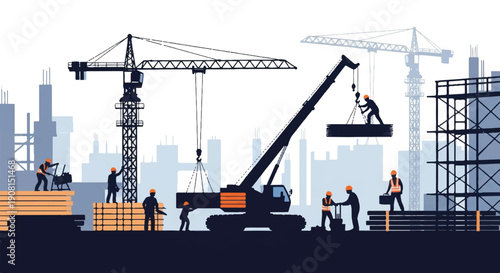 Dynamic construction site with cranes and workers operating under a city skyline, captured from a wide-angle perspective