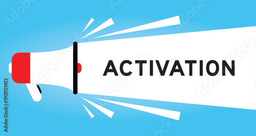 Color megaphone icon with word activation in white banner on blue background